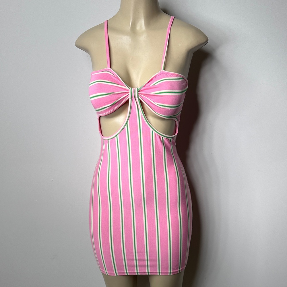 SHEIN Pink Green Striped Cutout Dress NWOT